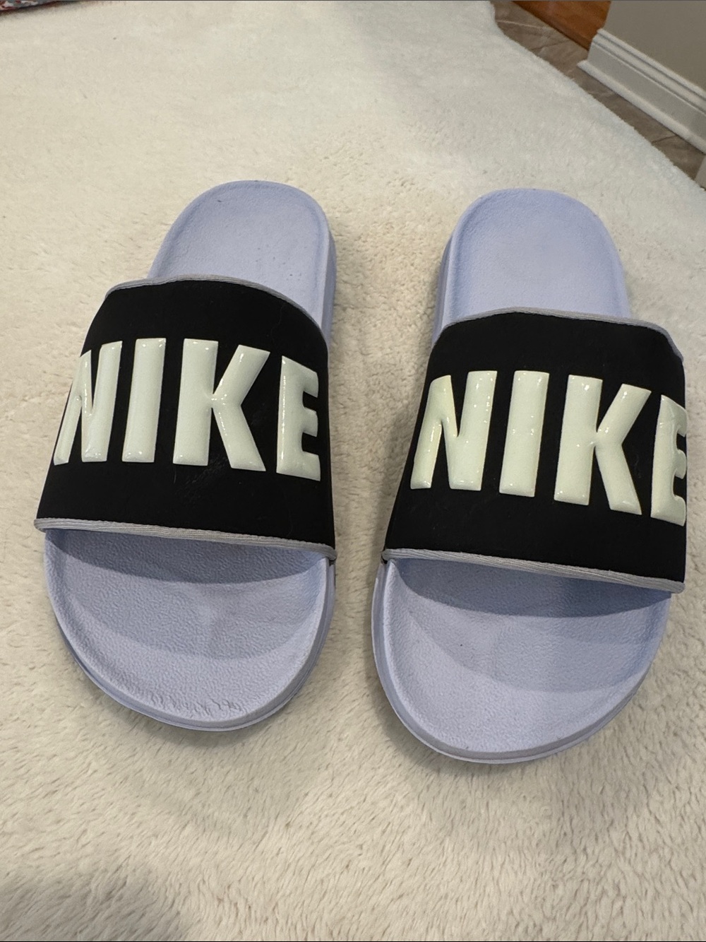 Nike Black Strap Slides with Light Lavender Footbed and White Logo